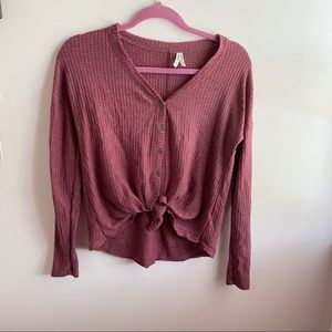 Mudd Pink Tie Hem Waffle Knit Top